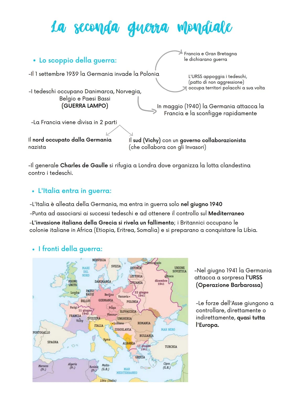 • Lo scoppio della guerra:
-Il 1 settembre 1939 la Germania invade la Polonia
-I tedeschi occupano Danimarca, Norvegia,
Belgio e Paesi Bassi