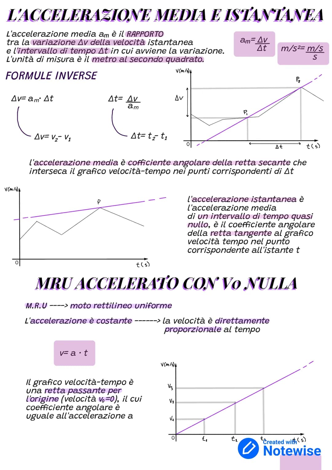 L'ACCELERAZIONE MEDIA E ISTANTANEA
L'accelerazione media am è il RAPPORTO
tra la variazione Av della velocità istantanea
e l'intervallo di t
