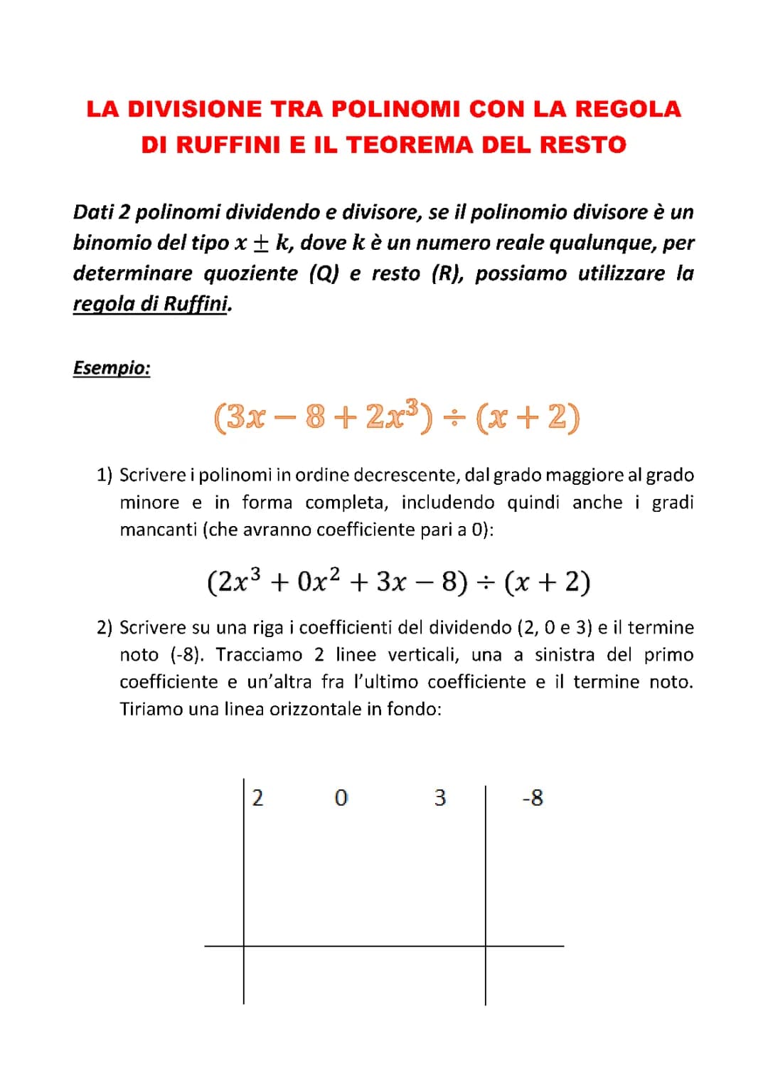La divisione tra polinomi con la regola di Ruffini e il teorema del resto