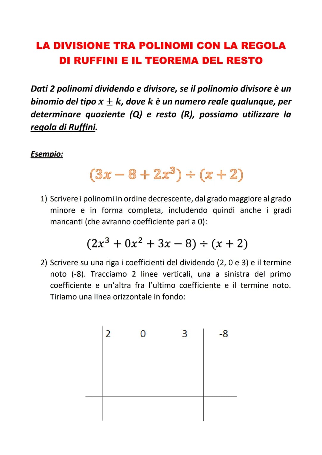LA DIVISIONE TRA POLINOMI CON LA REGOLA
DI RUFFINI E IL TEOREMA DEL RESTO
Dati 2 polinomi dividendo e divisore, se il polinomio divisore è u