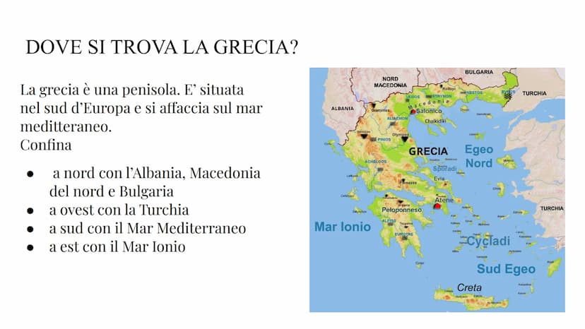 LA GRECIA
LIVIA NASTASI, BENEDETTA CUCINI 2°D, 11/05/2023 DOVE SI TROVA LA GRECIA?
La grecia è una penisola. E' situata
nel sud d'Europa e s