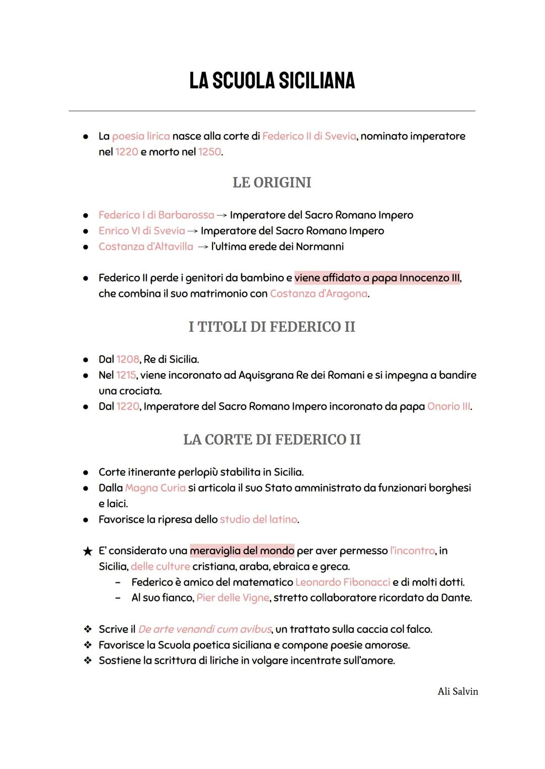 LA SCUOLA SICILIANA
• La poesia lirica nasce alla corte di Federico II di Svevia, nominato imperatore
nel 1220 e morto nel 1250.
●
LE ORIGIN