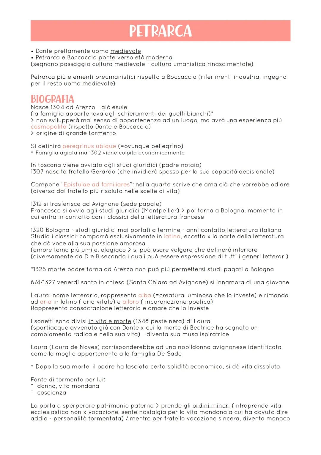 PETRARCA
• Dante prettamente uomo medievale
• Petrarca e Boccaccio ponte verso età moderna
(segnano passaggio cultura medievale - cultura um