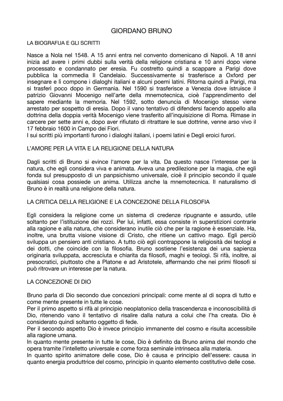 LA BIOGRAFUA E GLI SCRITTI
GIORDANO BRUNO
Nasce a Nola nel 1548. A 15 anni entra nel convento domenicano di Napoli. A 18 anni
inizia ad aver