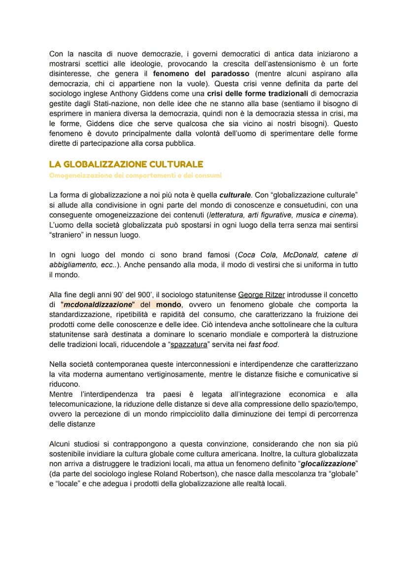 GLOBALIZZAZIONE
Il termine globalizzazione e mondializzazione sono entrati nel lessico sociologico negli anni
80', e indica un insieme di fe