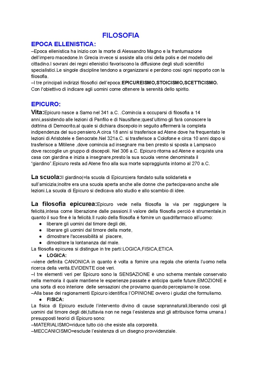 Epicuro e la Filosofia Ellenistica - Riassunto PDF per Bambini
