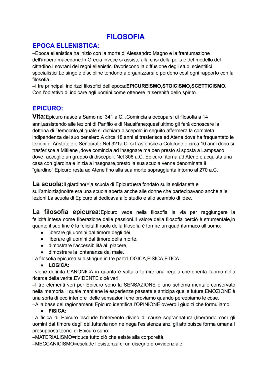 FILOSOFIA
EPOCA ELLENISTICA:
-Epoca ellenistica ha inizio con la morte di Alessandro Magno e la frantumazione
dell'impero macedone. In Greci