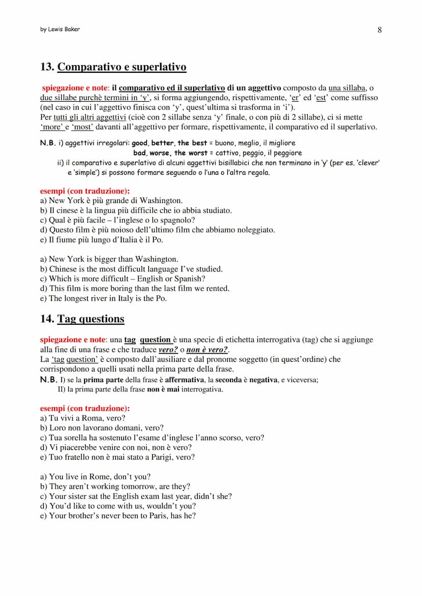 by Lewis Baker
Grammatica d'inglese semplificata
Elenco argomenti (i numeri indicano il paragrafo, non la pagina)
1. Present Simple
2. Prese
