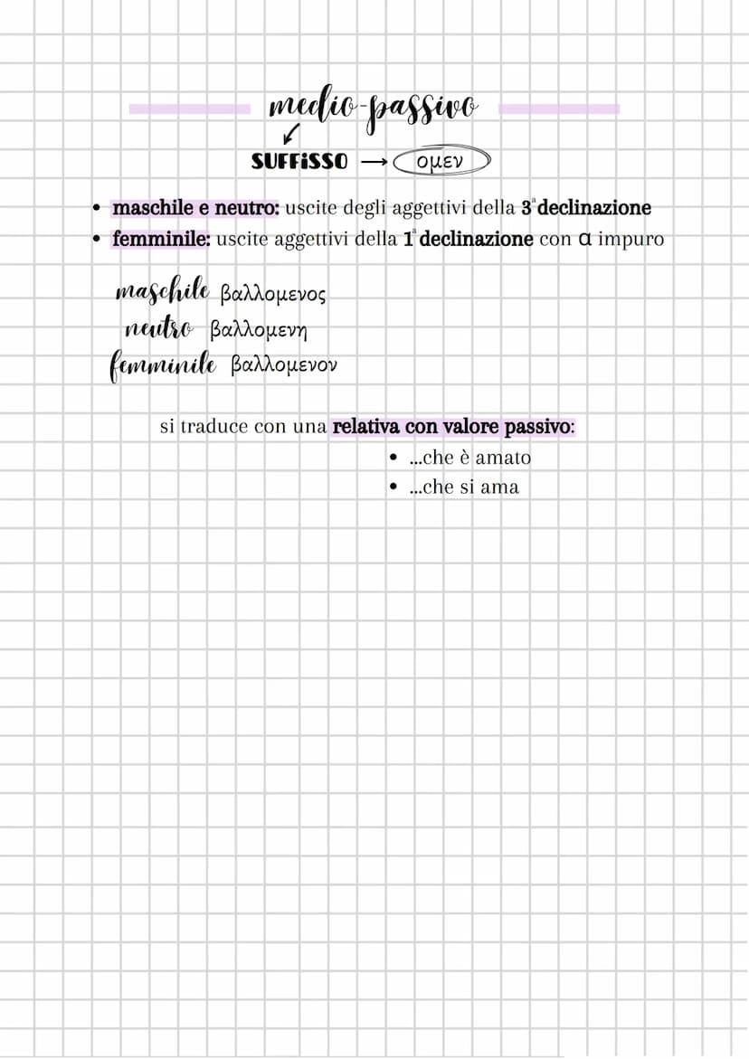 
<p>Il participio presente è un aggettivo verbale che si declina in genere, numero e caso, attivo. Il suffisso per il maschile e il neutro è