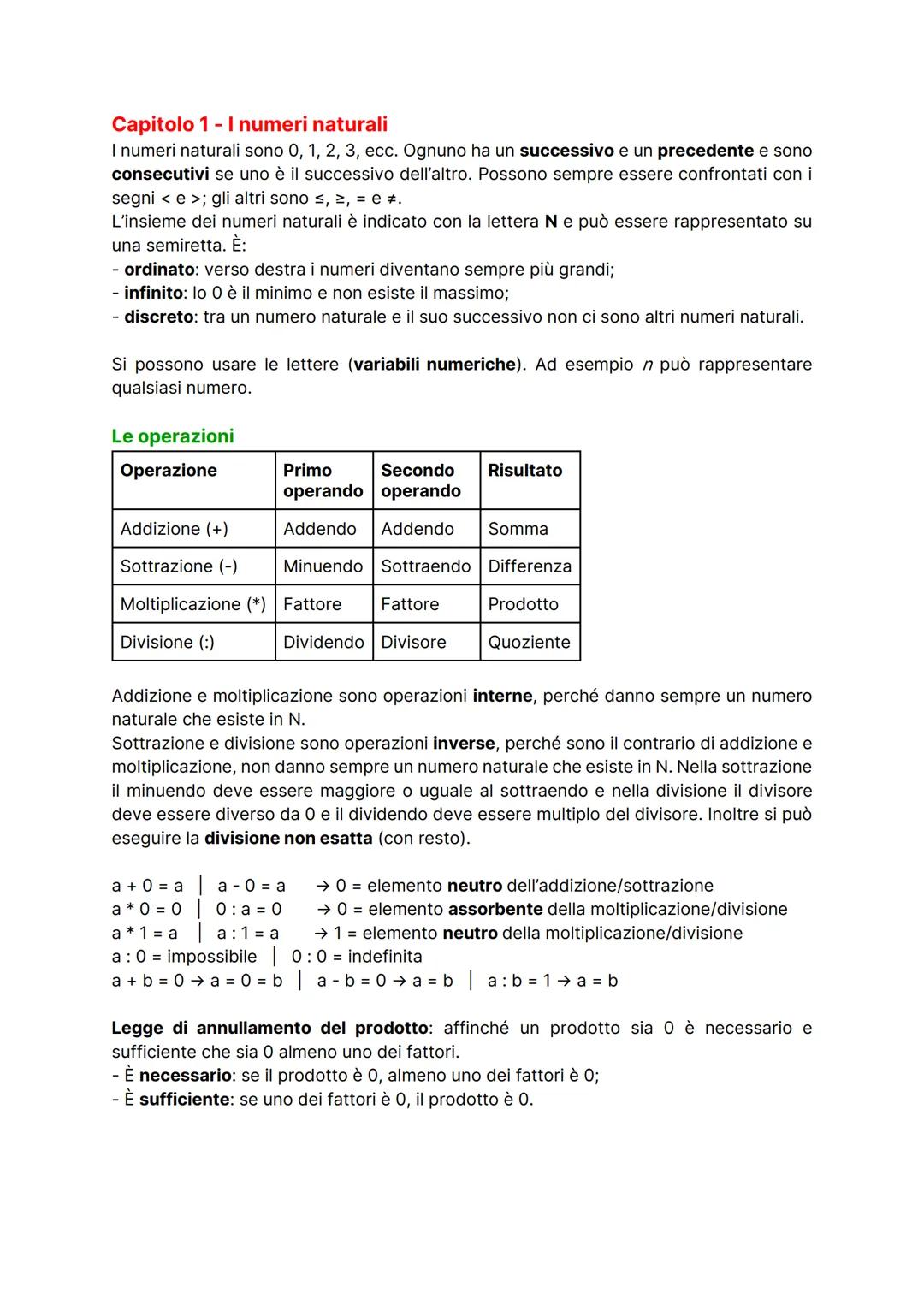 Capitolo 1-I numeri naturali
I numeri naturali sono 0, 1, 2, 3, ecc. Ognuno ha un successivo e un precedente e sono
consecutivi se uno è il 