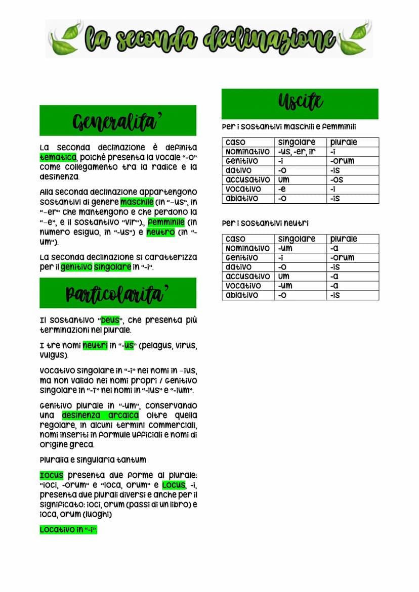 la seconda declinazione
Generalita'
La seconda declinazione è definita
tematica, poiché presenta la vocale "-O"
come collegamento tra la rad