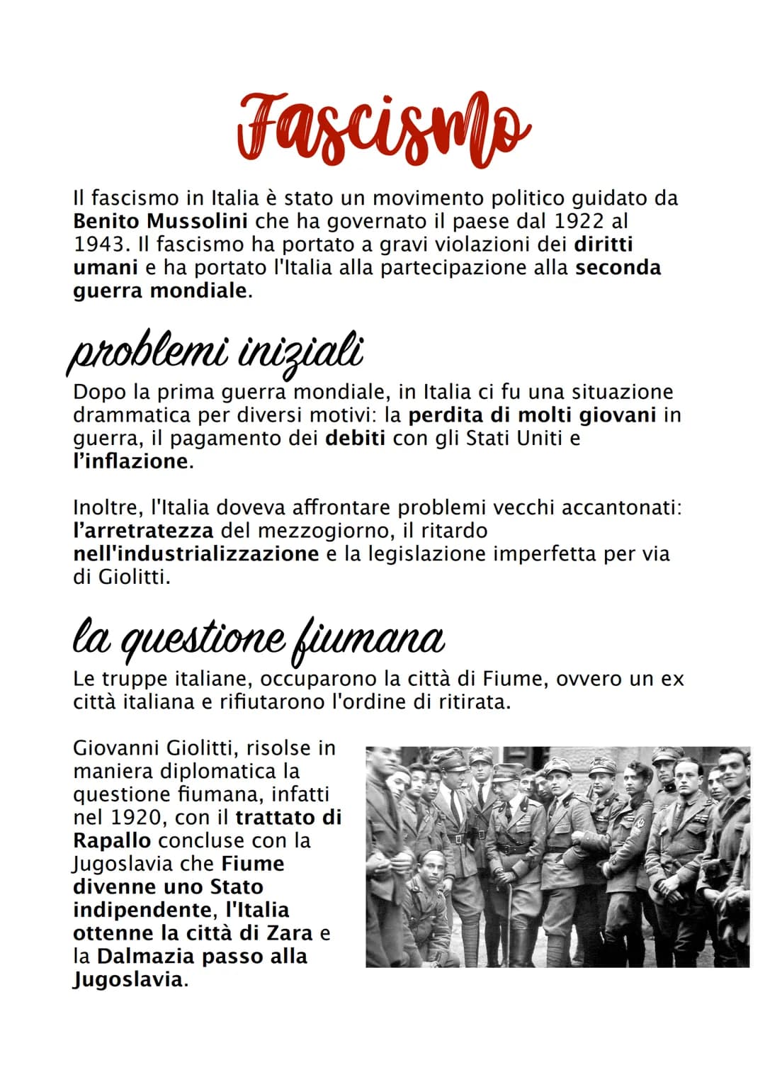 Fascismo
Il fascismo in Italia è stato un movimento politico guidato da
Benito Mussolini che ha governato il paese dal 1922 al
1943. Il fasc