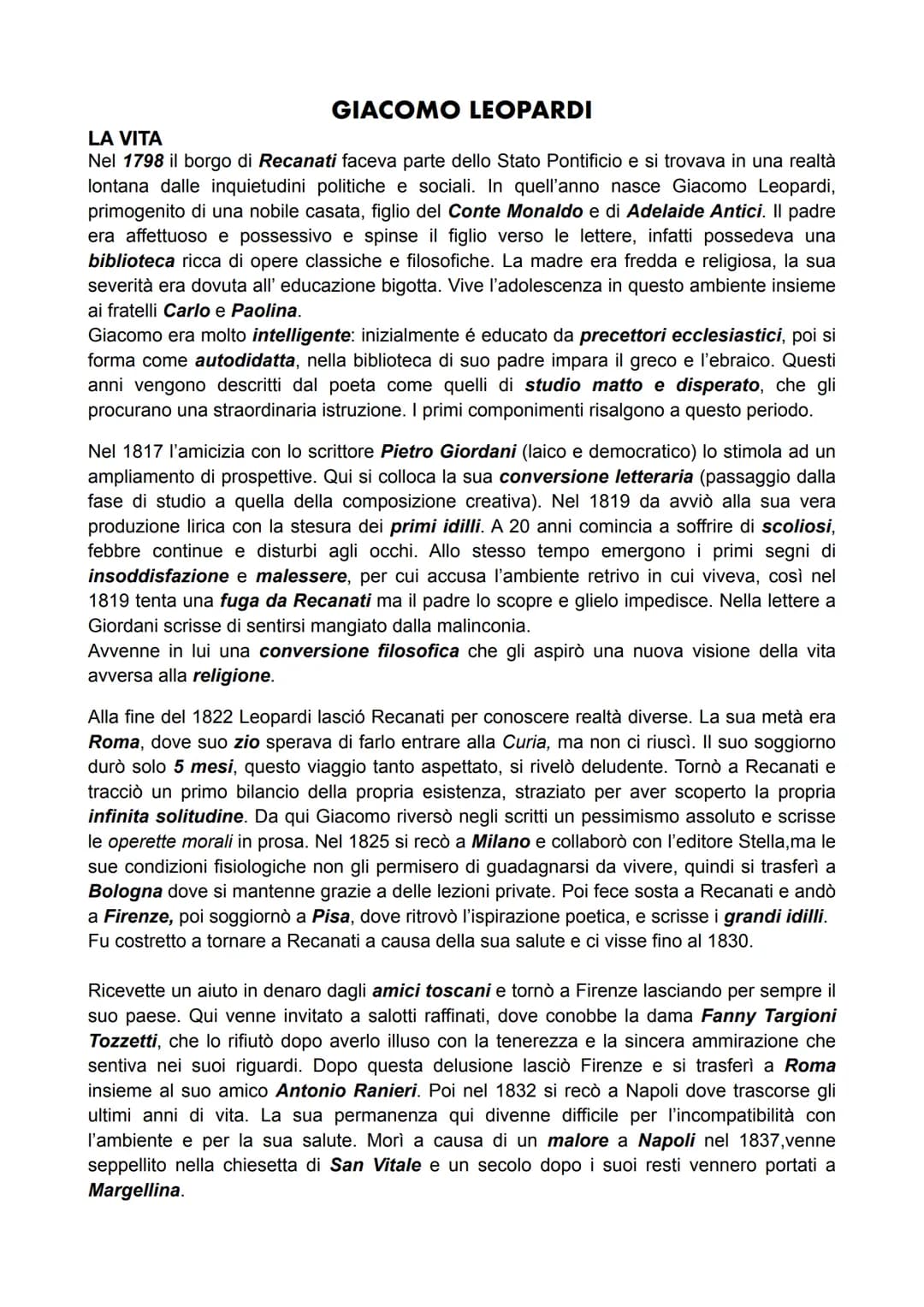 GIACOMO LEOPARDI
LA VITA
Nel 1798 il borgo di Recanati faceva parte dello Stato Pontificio e si trovava in una realtà
lontana dalle inquietu