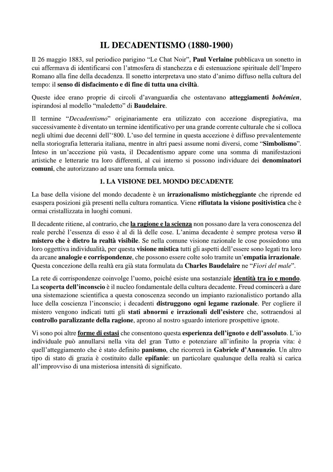 # IL DECADENTISMO (1880-1900)

Il 26 maggio 1883, sul periodico parigino "Le Chat Noir", Paul Verlaine pubblicava un sonetto in
cui affermav