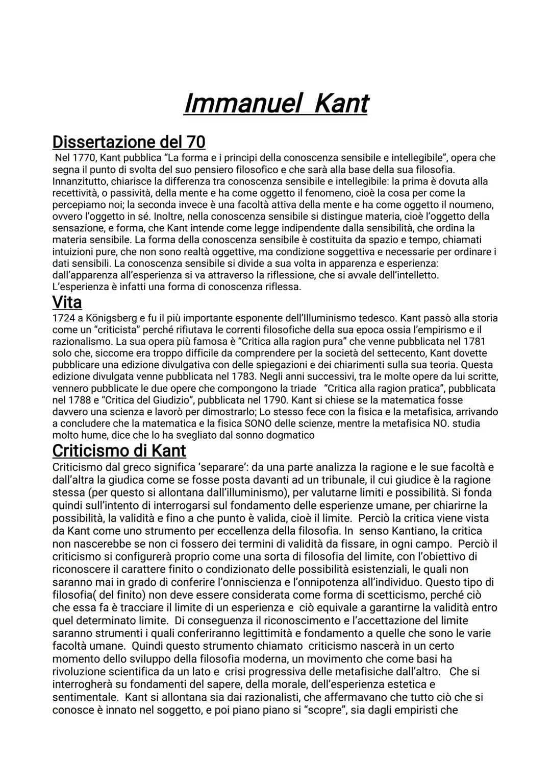 Immanuel Kant
Dissertazione del 70
Nel 1770, Kant pubblica "La forma e i principi della conoscenza sensibile e intellegibile", opera che
seg
