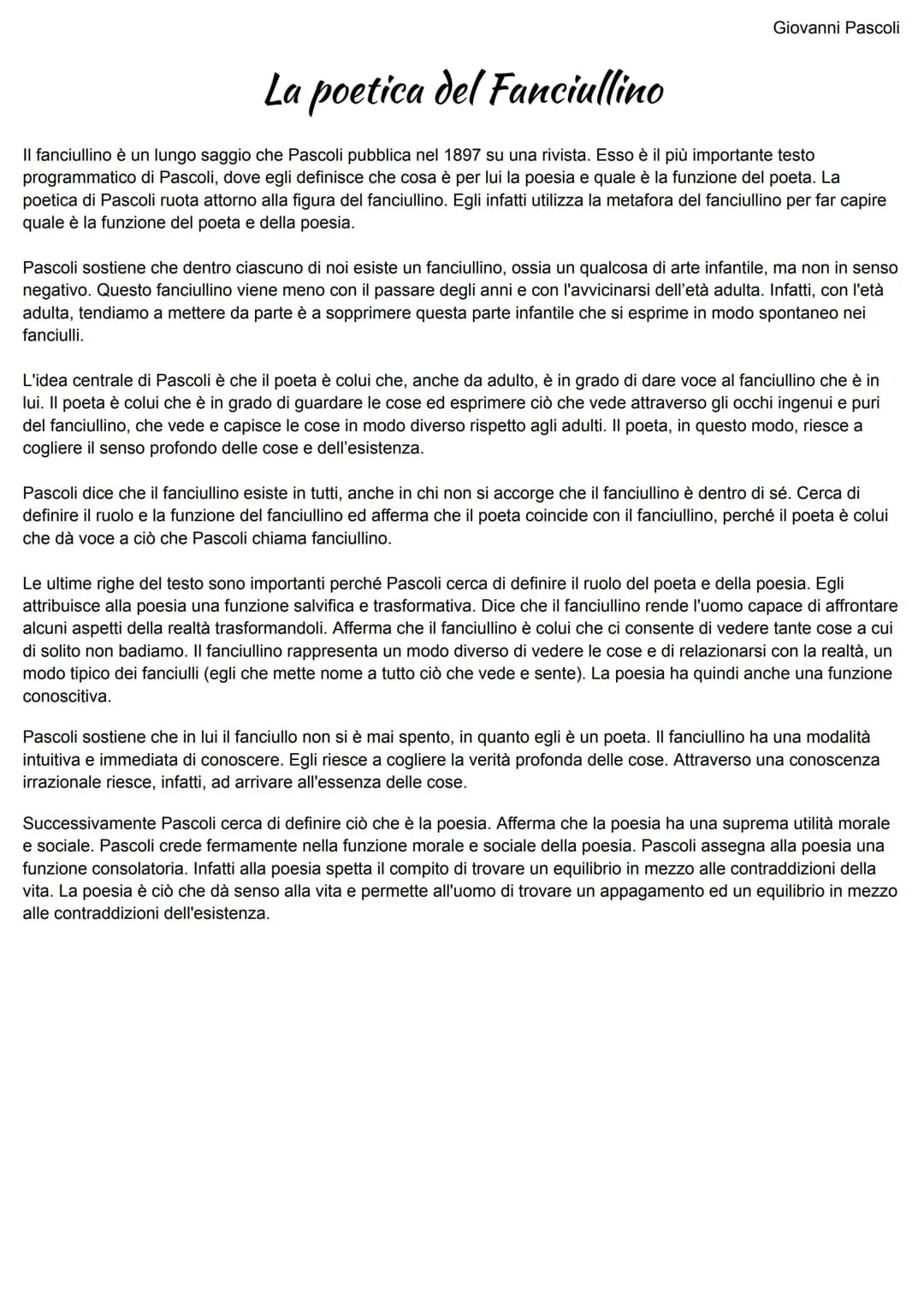 Giovanni Pascoli
La vita di Pascoli fu una vita povera di grandi eventi esteriori. Pascoli ha una personalità opposta rispetto a quella di
D