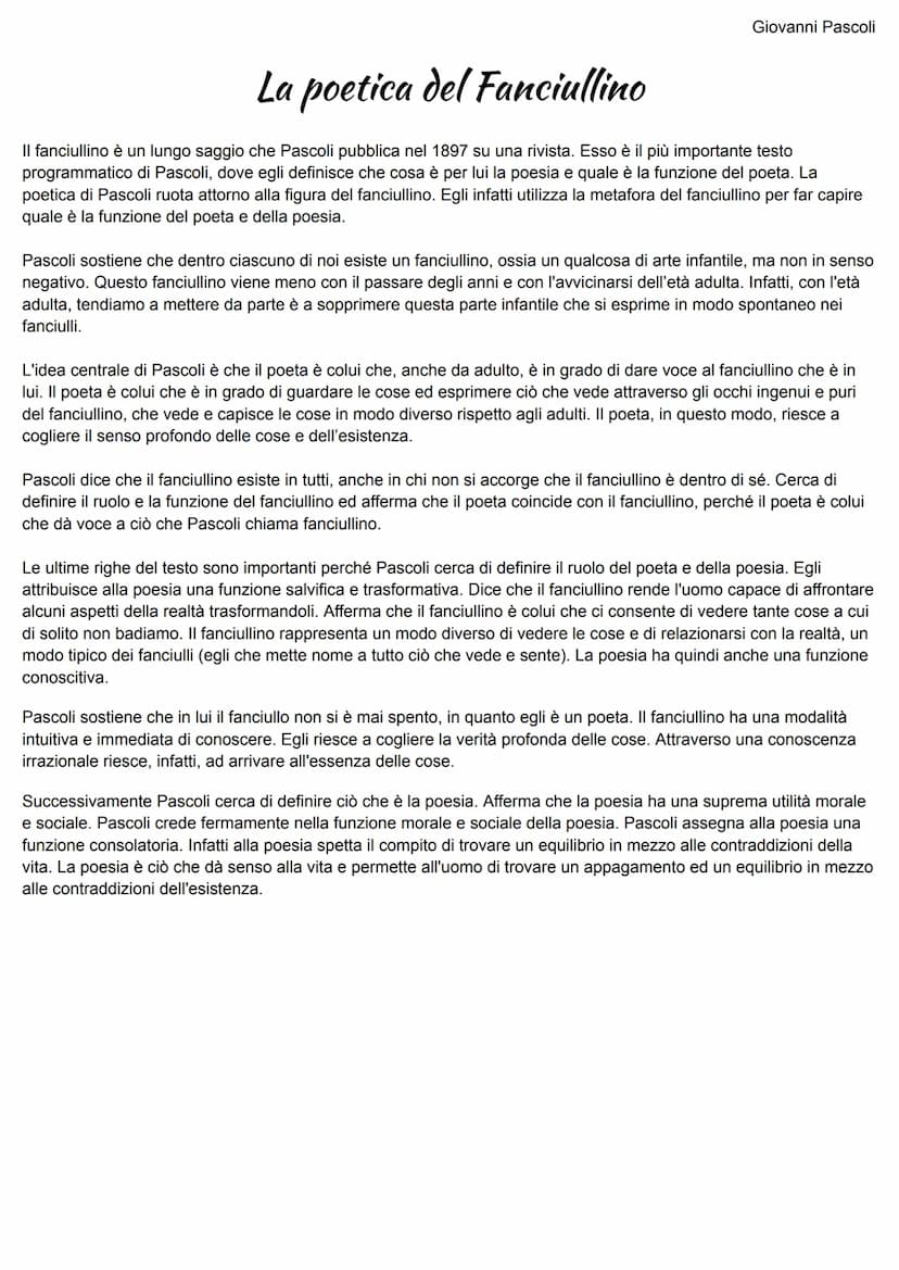 Giovanni Pascoli
La vita di Pascoli fu una vita povera di grandi eventi esteriori. Pascoli ha una personalità opposta rispetto a quella di
D
