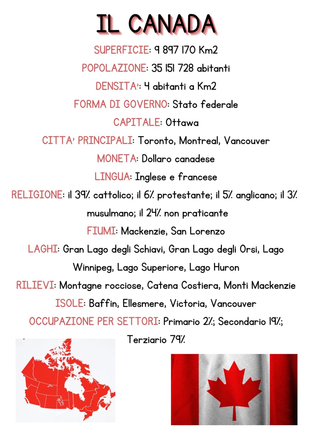 IL CANADA
SUPERFICIE: 9 897 170 Km2
POPOLAZIONE: 35 151 728 abitanti
DENSITA': 4 abitanti a Km2
FORMA DI GOVERNO: Stato federale
CAPITALE: O