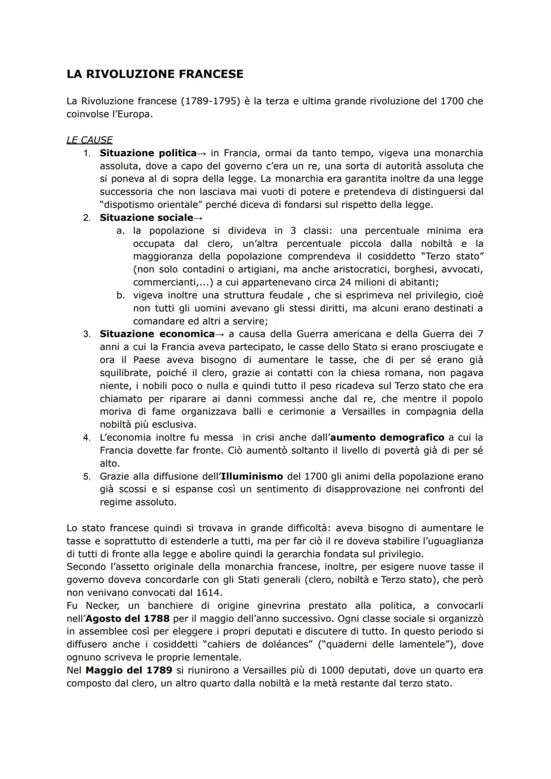 LA RIVOLUZIONE FRANCESE
La Rivoluzione francese (1789-1795) è la terza e ultima grande rivoluzione del 1700 che
coinvolse l'Europa.
LE CAUSE