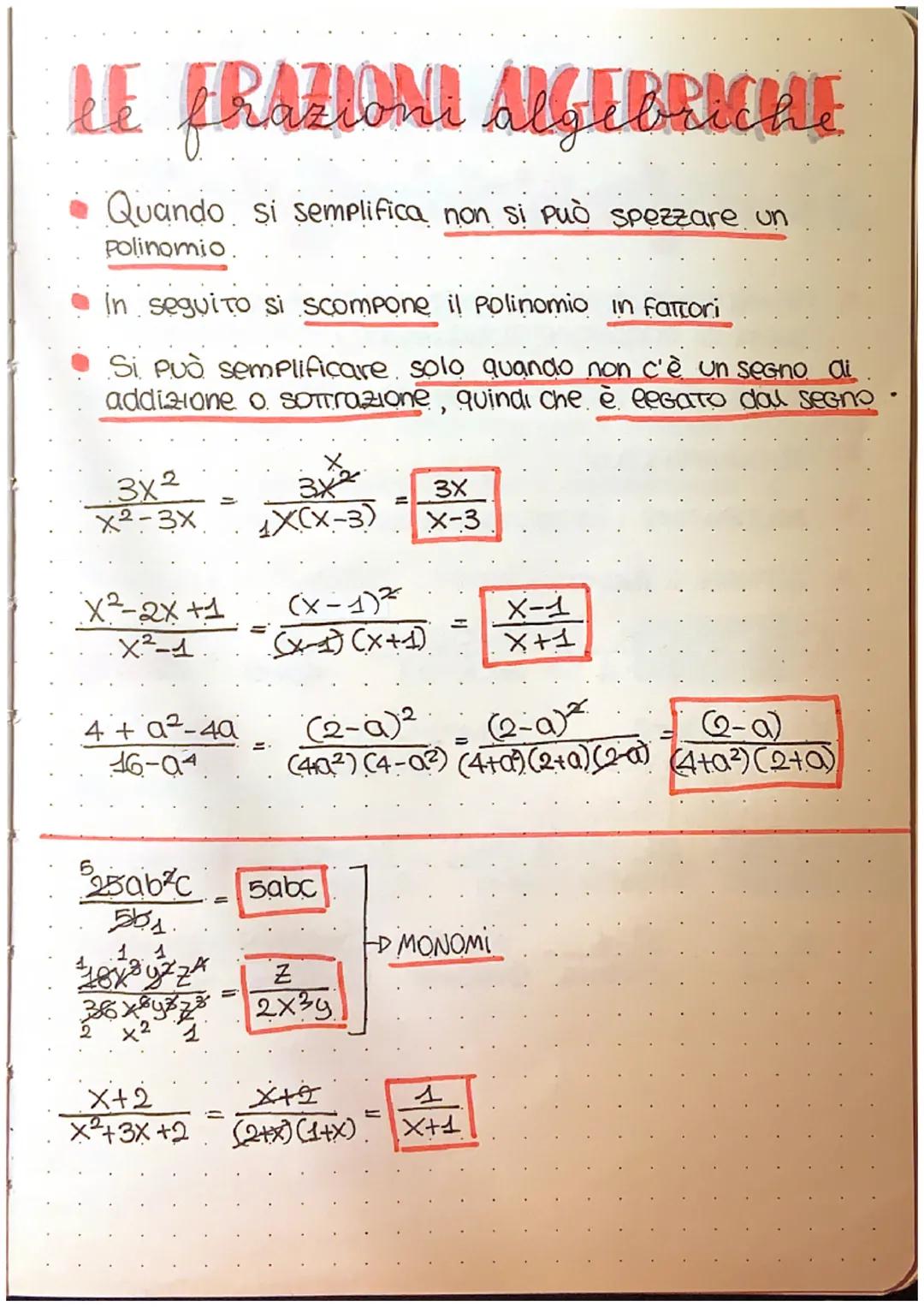LE FRAZIONI AUGTBRICHE
Quando si semplifica non si può spezzare un
polinomio.
In seguito si scompone il Polinomio in fattori
Si Può semplifi