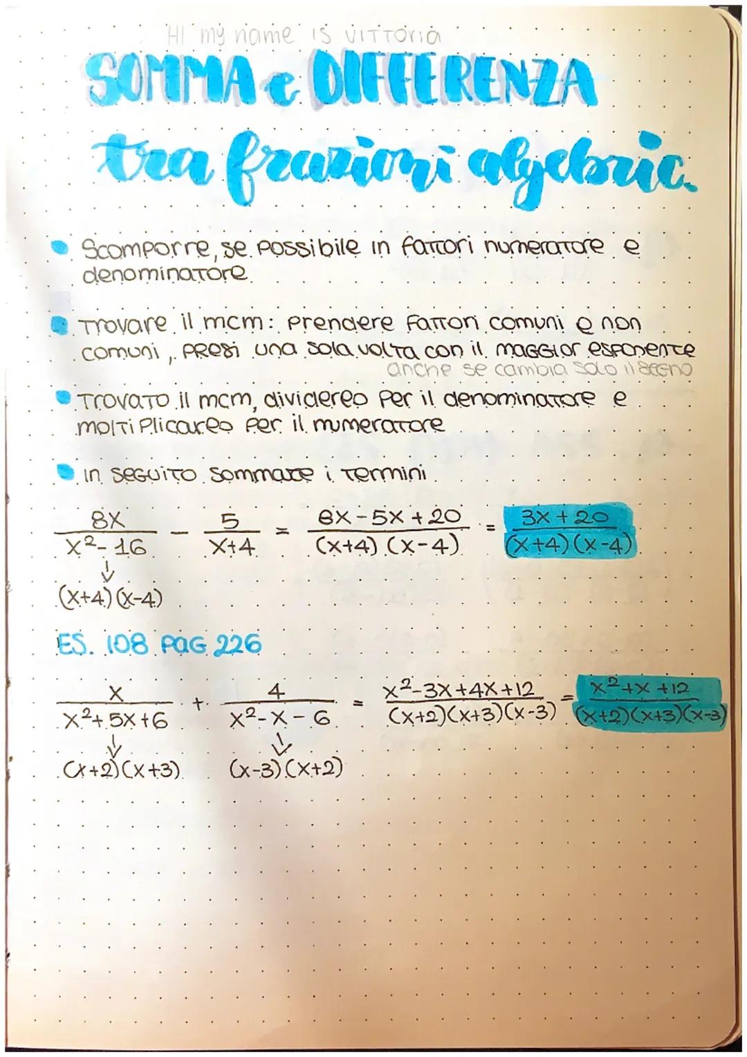LE FRAZIONI AUGTBRICHE
Quando si semplifica non si può spezzare un
polinomio.
In seguito si scompone il Polinomio in fattori
Si Può semplifi