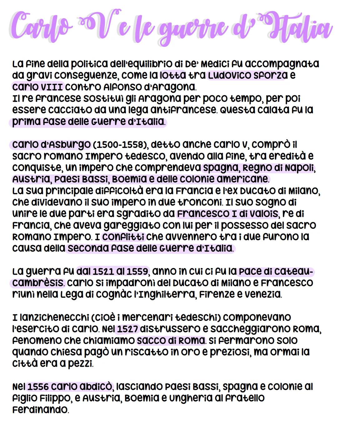 Carlo Ve le guerre d' Italia
La fine della politica dell'equilibrio di De' Medici fu accompagnata
da gravi conseguenze, come la lotta tra Lu