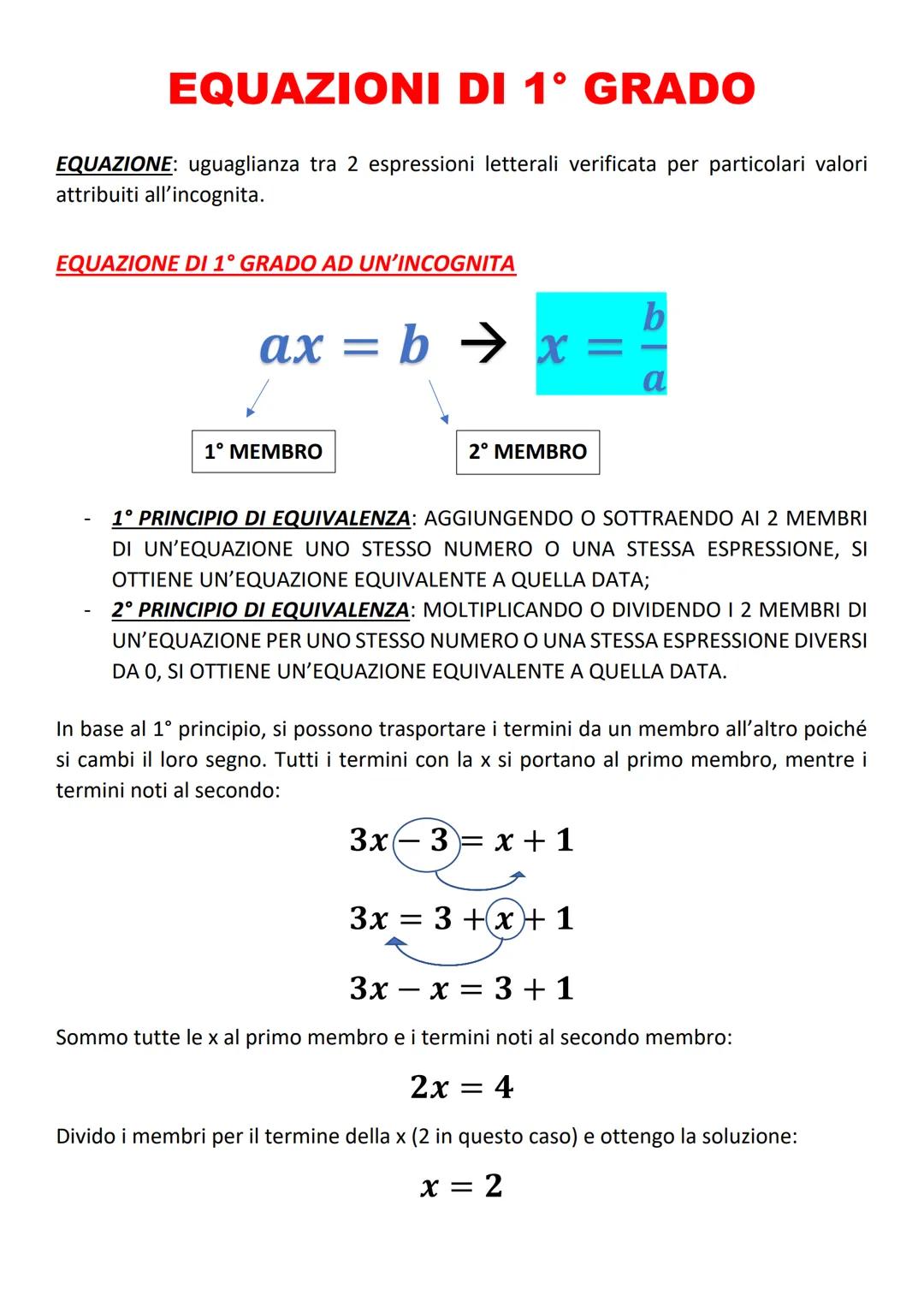 # EQUAZIONI DI 1° GRADO

EQUAZIONE: uguaglianza tra 2 espressioni letterali verificata per particolari valori
attribuiti all'incognita.

EQU
