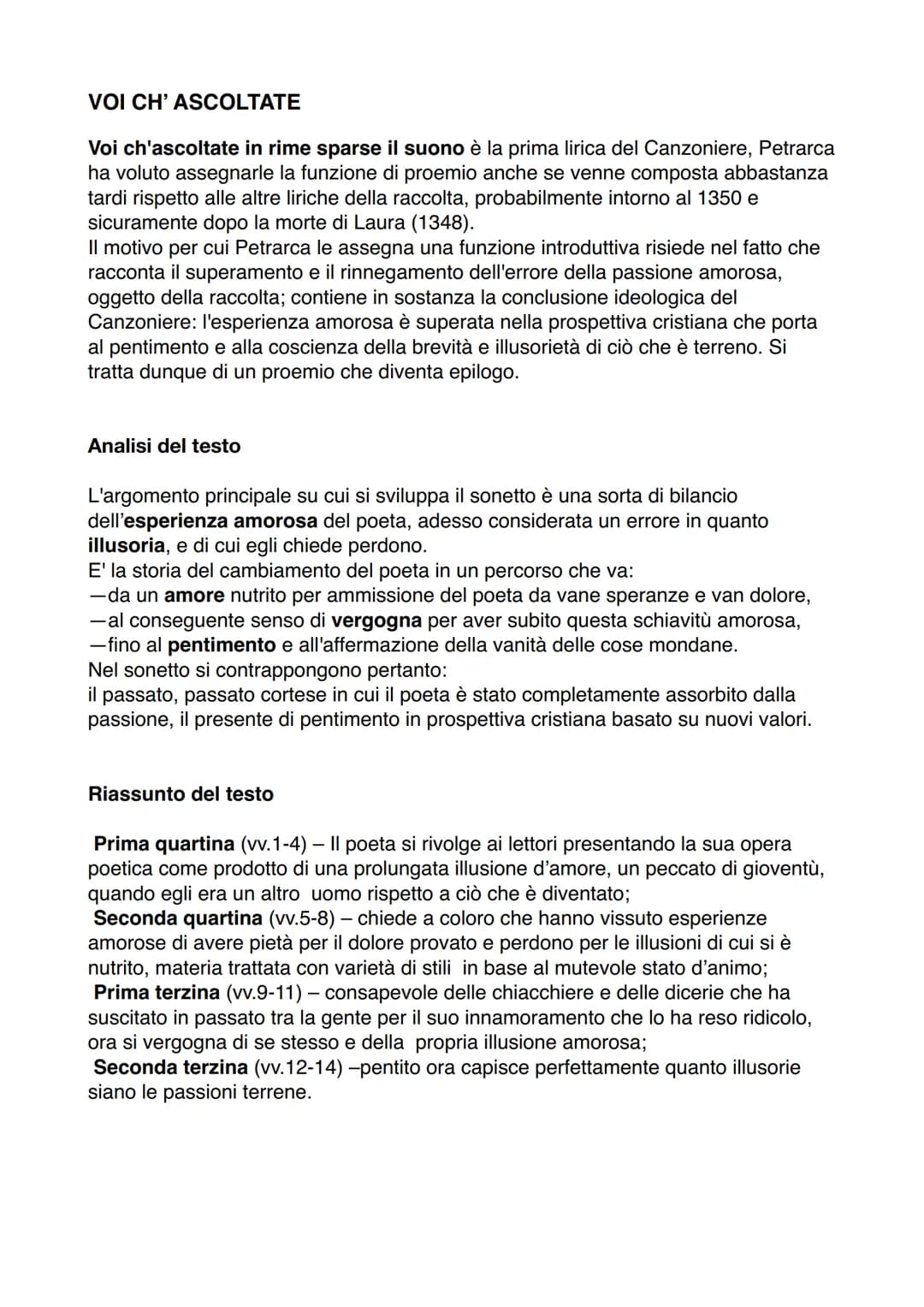 VOI CH' ASCOLTATE
Voi ch'ascoltate in rime sparse il suono è la prima lirica del Canzoniere, Petrarca
ha voluto assegnarle la funzione di pr