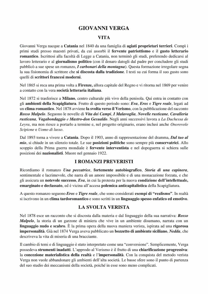 INDICE:
●
VITA
● ROMANZI PREVERISTI
● LA SVOLTA VERISTA
● POETICA E TECNICA NARRATIVA DEL VERGA VERISTA
GIOVANNI VERGA
L'IDEOLOGIA VERGHIANA