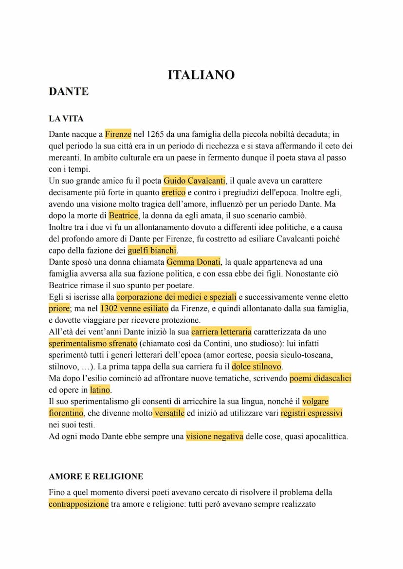 DANTE
ITALIANO
LA VITA
Dante nacque a Firenze nel 1265 da una famiglia della piccola nobiltà decaduta; in
quel periodo la sua città era in u