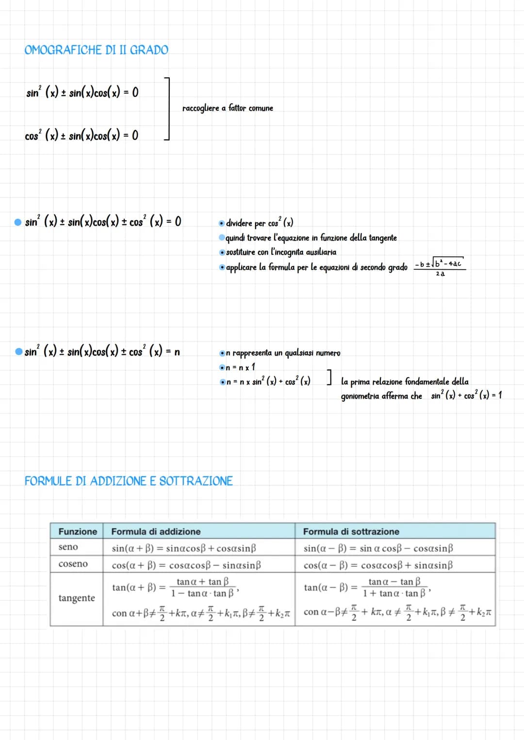 EQUAZIONI GONIOMETRICHE
EQUAZIONI ELEMENTARI:
sin = n
COS
tan
METODO ALGEBRICO
si puo sempre applicare, tuttavia si
devono svolgere calcoli 