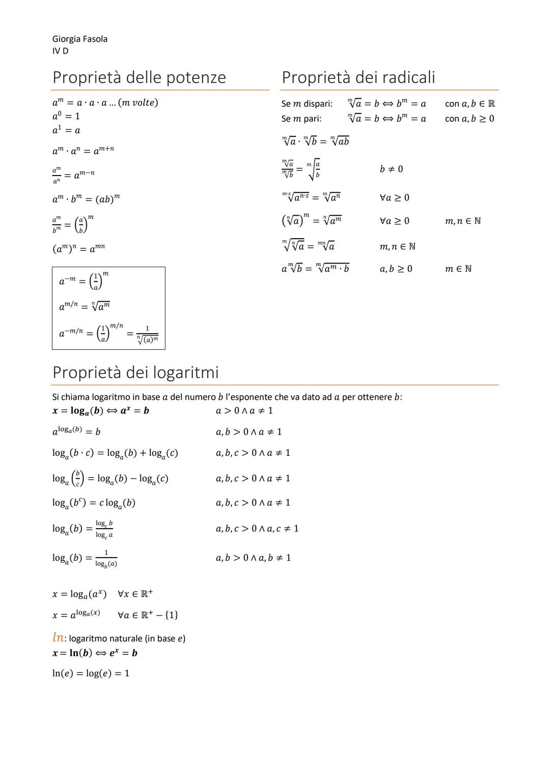 Giorgia Fasola
IV D
Proprietà delle potenze
a = a a. a... (m volte)
a = 1
a¹ = a
am anam+n
am
an
= am-n
am .bm = (ab)
==()"
(am)n = amn
m
(²