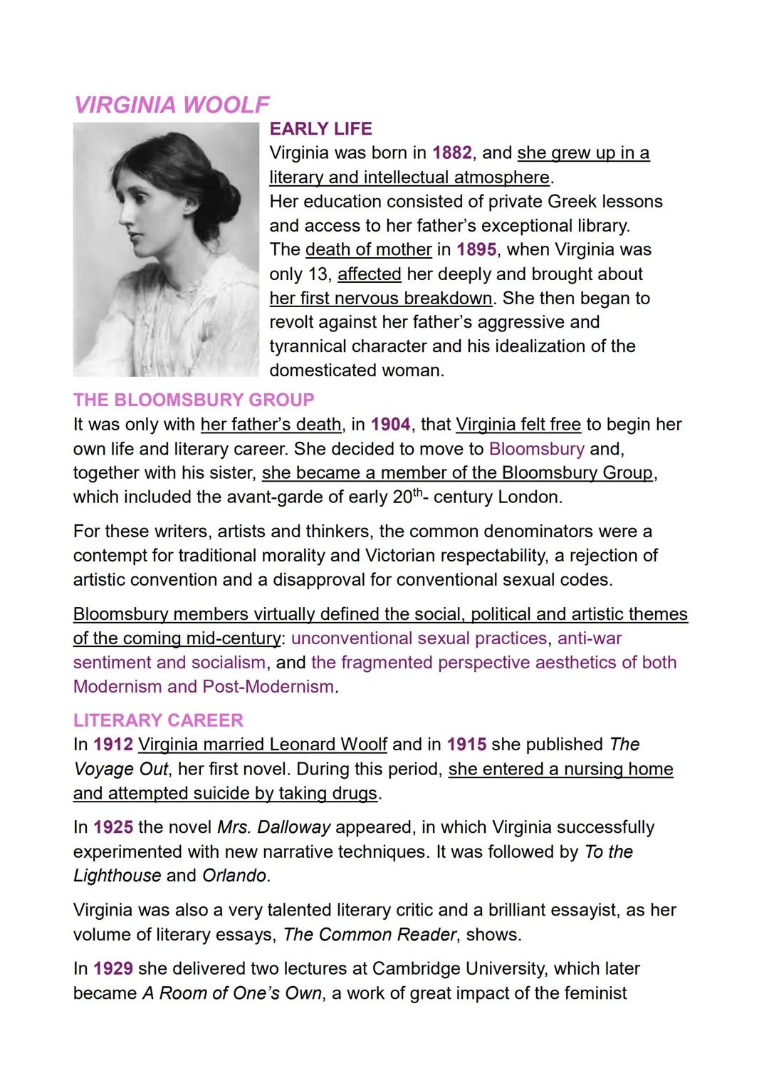 # VIRGINIA WOOLF

EARLY LIFE
Virginia was born in 1882, and she grew up in a
literary and intellectual atmosphere.
Her education consisted o