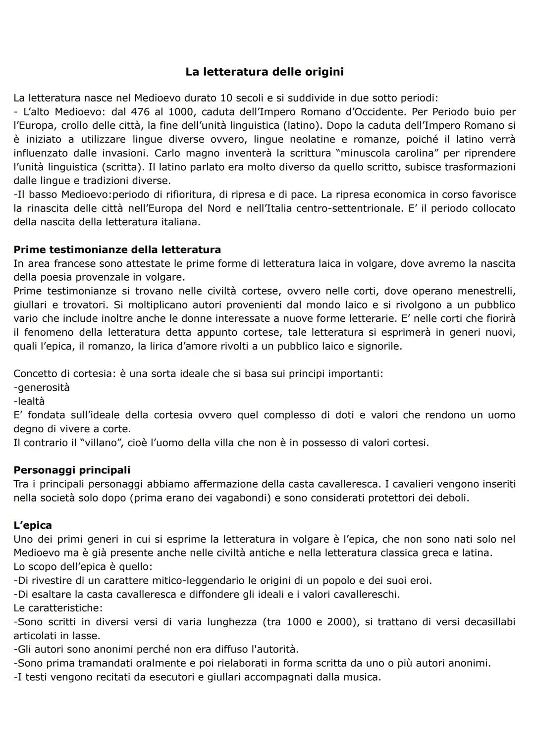 La letteratura delle origini
La letteratura nasce nel Medioevo durato 10 secoli e si suddivide in due sotto periodi:
- L'alto Medioevo: dal 