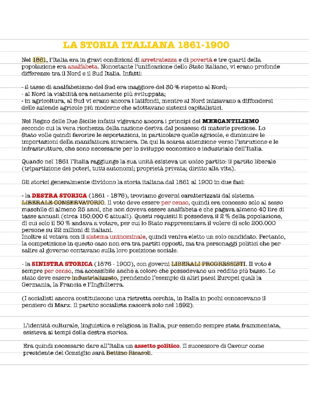 Storia d'Italia dal 1861 ad Oggi - Destra e Sinistra Storica Riassunto PDF