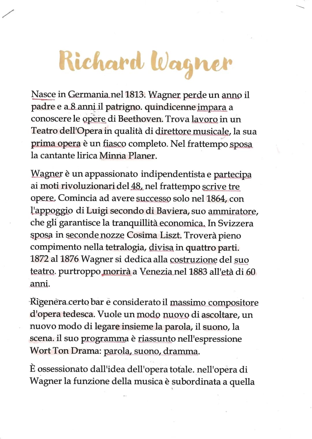 Richard Wagner
Nasce in Germania nel 1813. Wagner perde un anno il
padre e a 8 anni il patrigno. quindicenne impara a
conoscere le opere di 