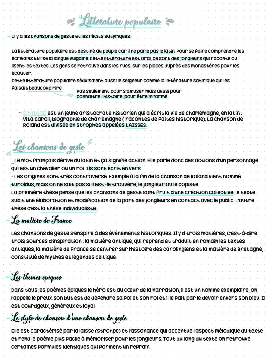 # Littérature populaire

- Il y a les chansons de geste et les récits satyriques.

La littérature populaire est destiné au peuple car il ne 