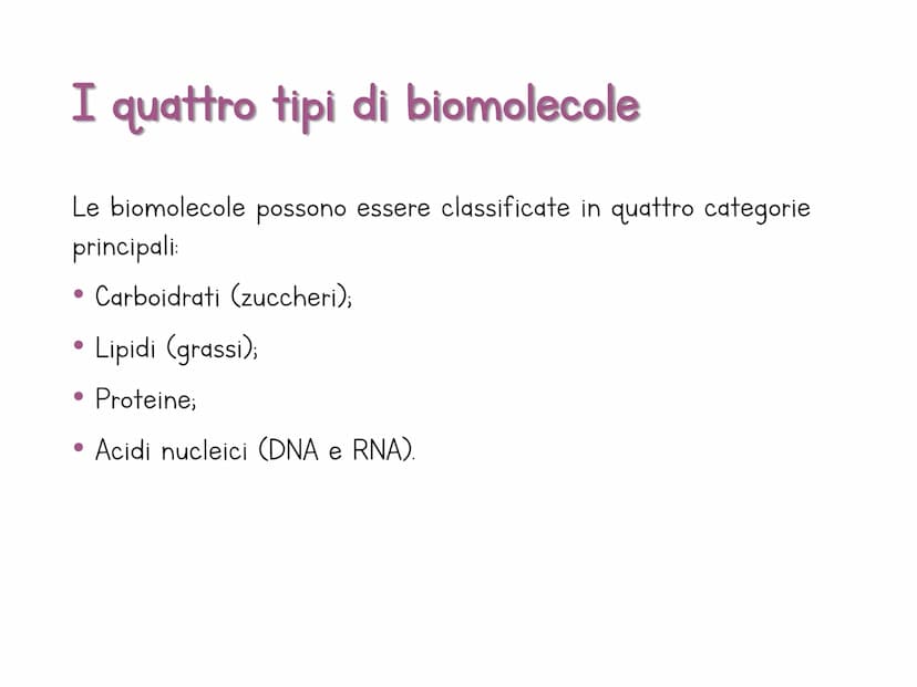 Le biomolecole
Carbohydrate
Camoebasisters
Protein
Lipid
Nucleic Acid H
Una biomolecola è un composto chimico che riveste un
ruolo important