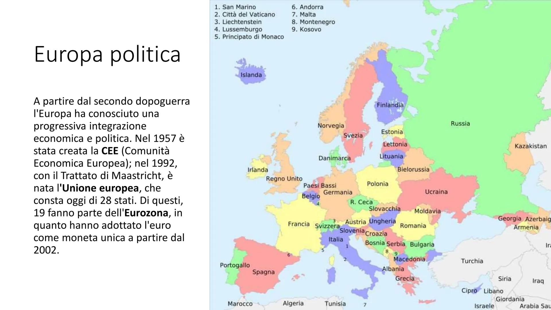 I confini
L'Europa è delimitata a
ovest dall'oceano Atlantico,
le cui acque bagnano anche
le isole britanniche e
l'Islanda; a est i confini 