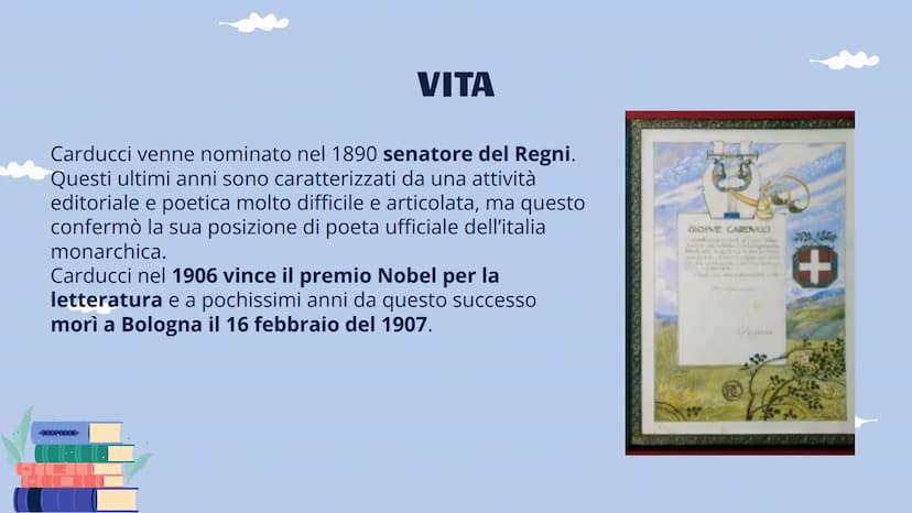 GIOSUE
CARDUCCI
VITA, OPERE E STILE VITA
Giosuè Carducci nasce il 27 luglio 1835 a Valdicastello, nella provincia di
Lucca e fino al 1839 sp