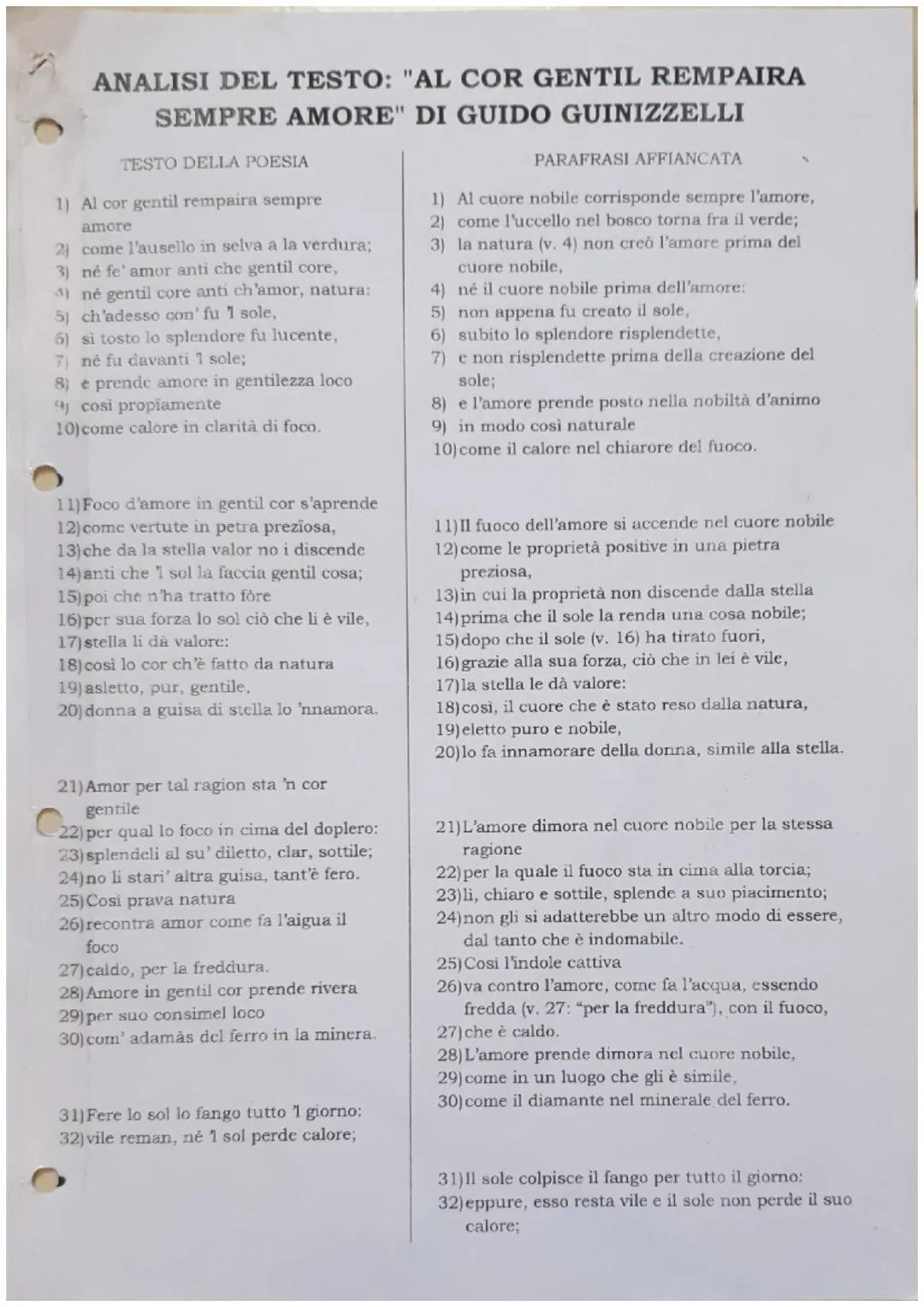ANALISI DEL TESTO: "AL COR GENTIL REMPAIRA
SEMPRE AMORE" DI GUIDO GUINIZZELLI
TESTO DELLA POESIA
1) Al cor gentil rempaira sempre
amore
2) c