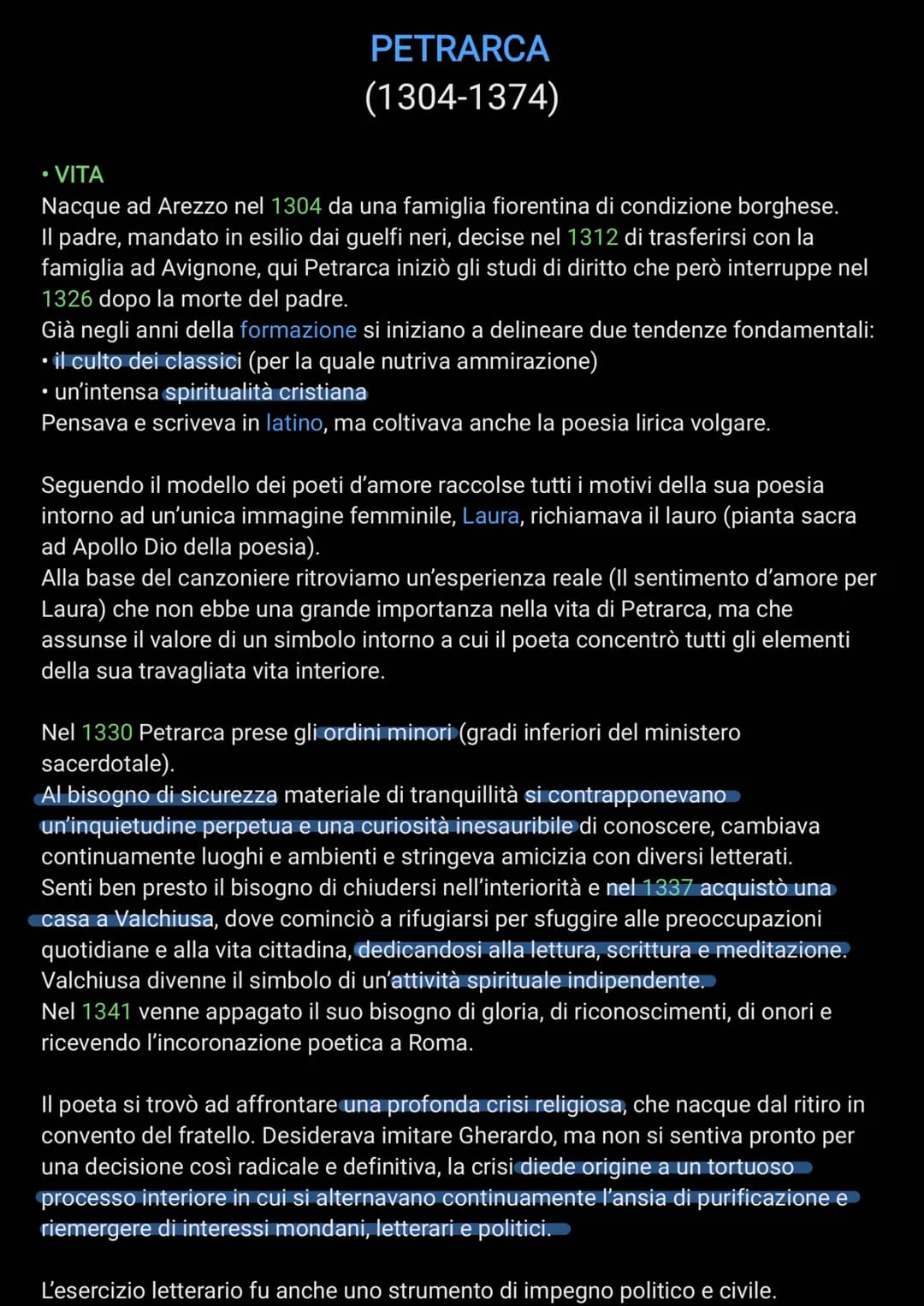 PETRARCA
(1304-1374)
• VITA
Nacque ad Arezzo nel 1304 da una famiglia fiorentina di condizione borghese.
Il padre, mandato in esilio dai gue