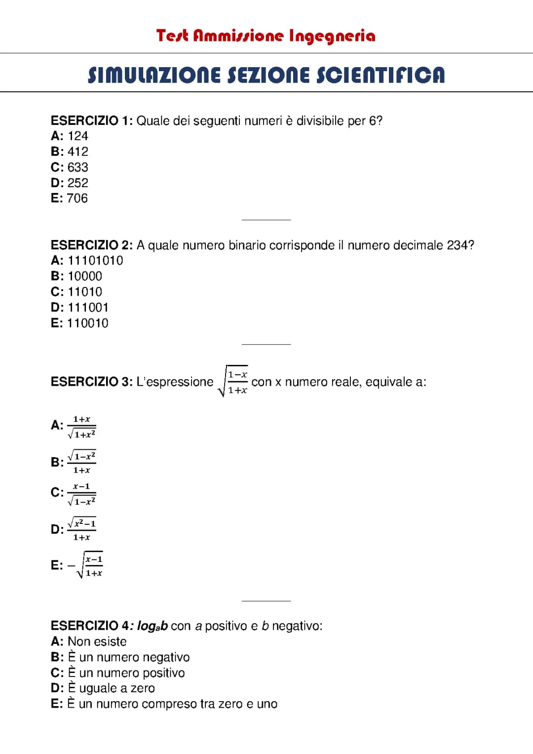 TEST INGEGNERIA - SEZIONE SCIENTIFICA TOLC