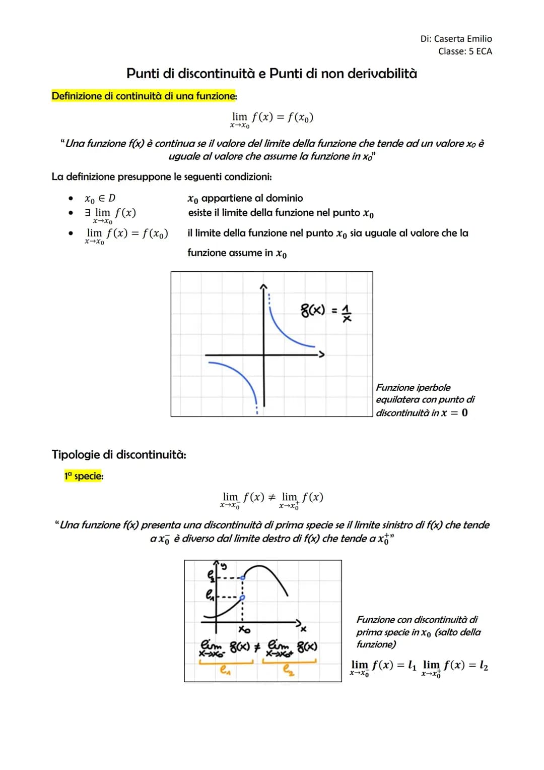Punti di discontinuità e Punti di non derivabilità