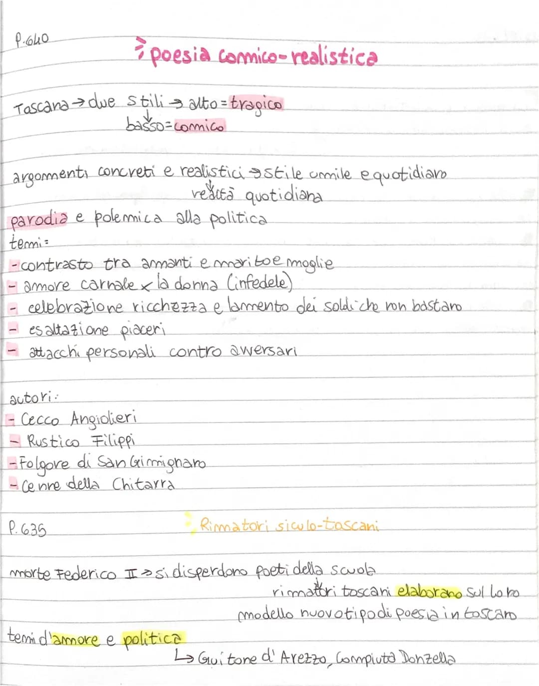 P.640
poesia commico-realistica
Toscana → due stili - alto = tragico
basso=comico
argomenti concreti e realistici stile unmile e quotidiano
