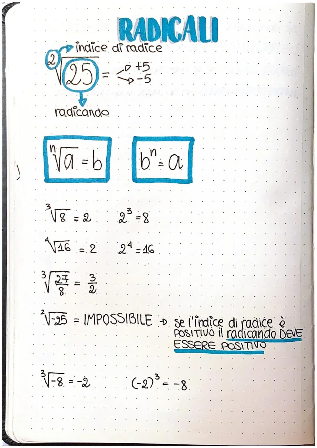 # RADICALI

indice di radice

2
$
\sqrt{25} =
$
+5
-5

radicando

$
\sqrt[n]{a} = b
$
$
b^n = a
$

$
\sqrt[3]{8} = 2
$
$
2^3 = 8
$

$
\sqrt[