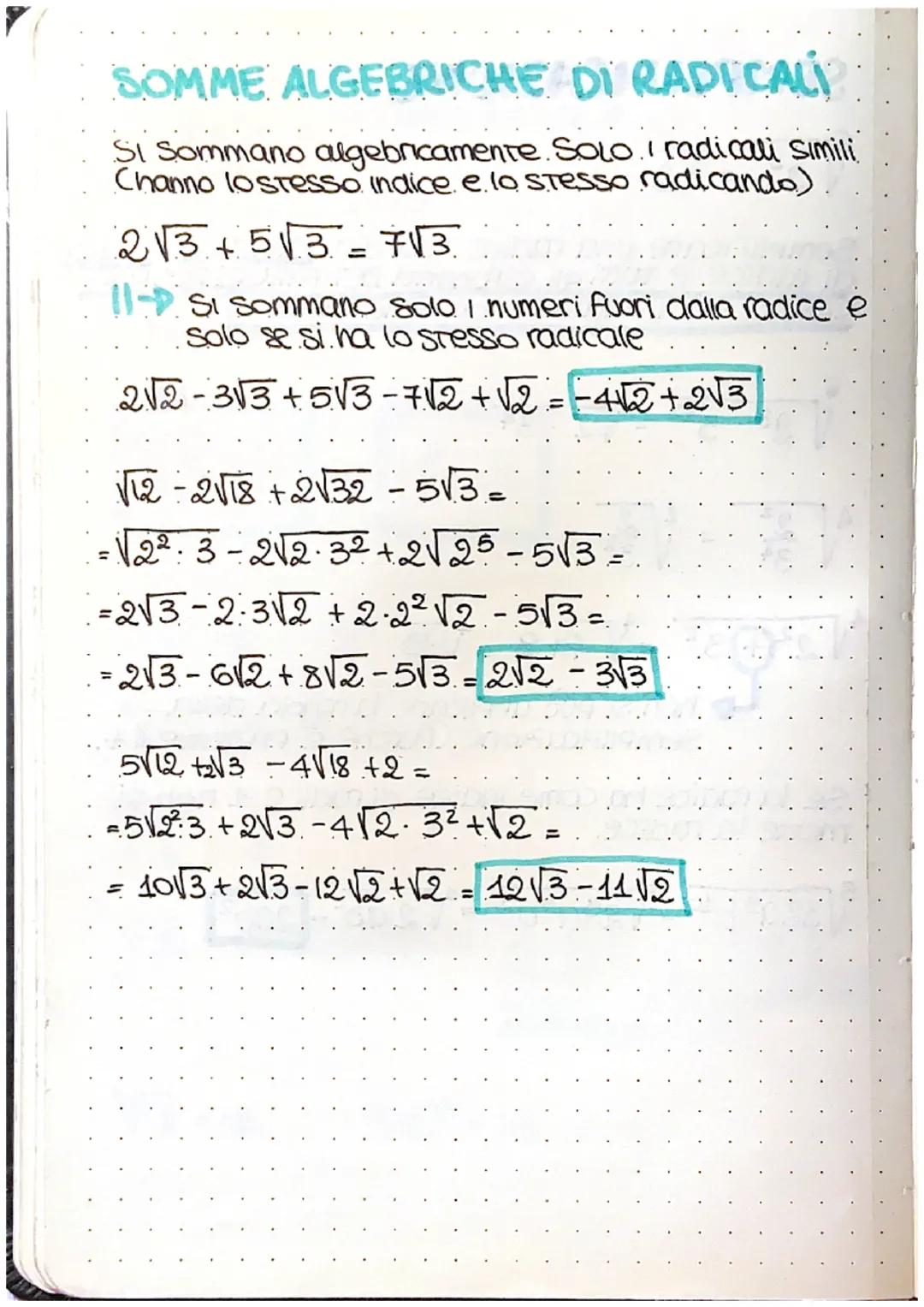 # RADICALI

indice di radice

2
$
\sqrt{25} =
$
+5
-5

radicando

$
\sqrt[n]{a} = b
$
$
b^n = a
$

$
\sqrt[3]{8} = 2
$
$
2^3 = 8
$

$
\sqrt[