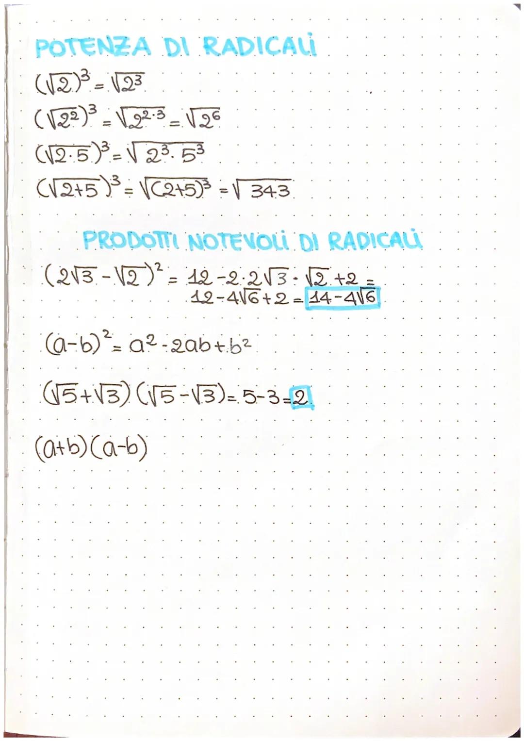 # RADICALI

indice di radice

2
$
\sqrt{25} =
$
+5
-5

radicando

$
\sqrt[n]{a} = b
$
$
b^n = a
$

$
\sqrt[3]{8} = 2
$
$
2^3 = 8
$

$
\sqrt[