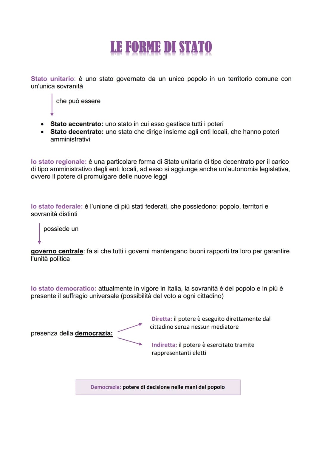 LE FORME DI STATO
MA
Stato unitario: è uno stato governato da un unico popolo in un territorio comune con
un'unica sovranità
che può essere
