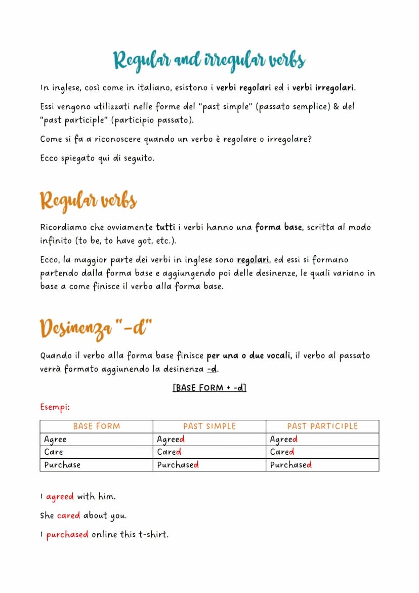 Regular and irregular verbs
In inglese, così come in italiano, esistono i verbi regolari ed i verbi irregolari.
Essi vengono utilizzati nell